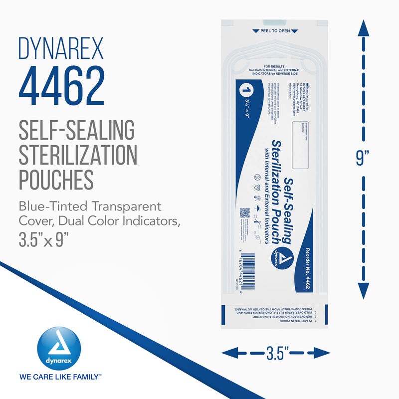 Dynarex Sterilization Pouches - Self-Sealing Autoclave Bags for Medical, Dental, Tattoo & Nail Care Tools - Blue-Tinted Transparent Cover, Dual Color Indicators - 3.5" x 9", 1 Box of 200 3.5" x 9"