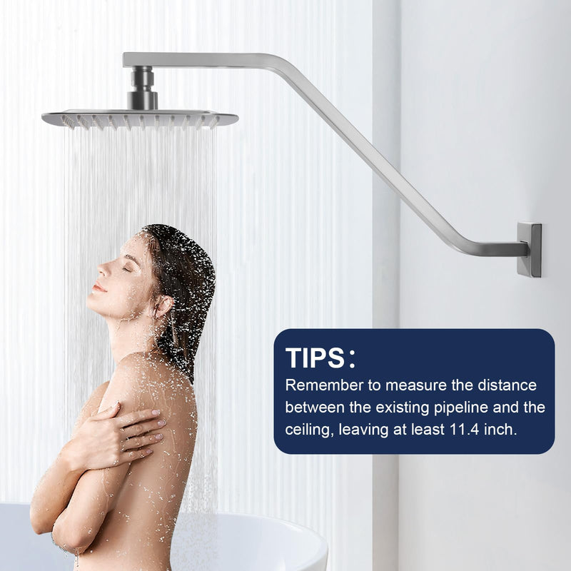 Square Shower Head Extension Arm with Flange, 16.5 Inch Z/S Shaped High Rise Shower Pipe Extender Wall-Mounted for Fixed Bathroom, Shower Head Goose Neck Arm - Extra Long Thread (Brushed Nickle) Brushed Nickle