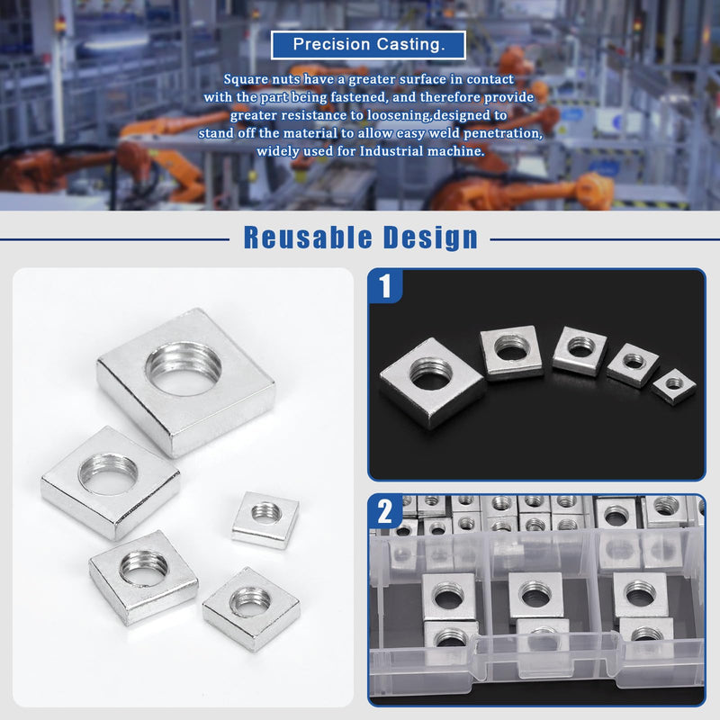 Glarks 90pcs Carbon Steel Square Nut Set M3 M4 M5 M6 M8 White Zinc Plated Square Thin Nut Square Machine Screws Nut Metric Coarse Thread Assortment Kit for Furniture Construction Mechanical Equipment White/Zinc
