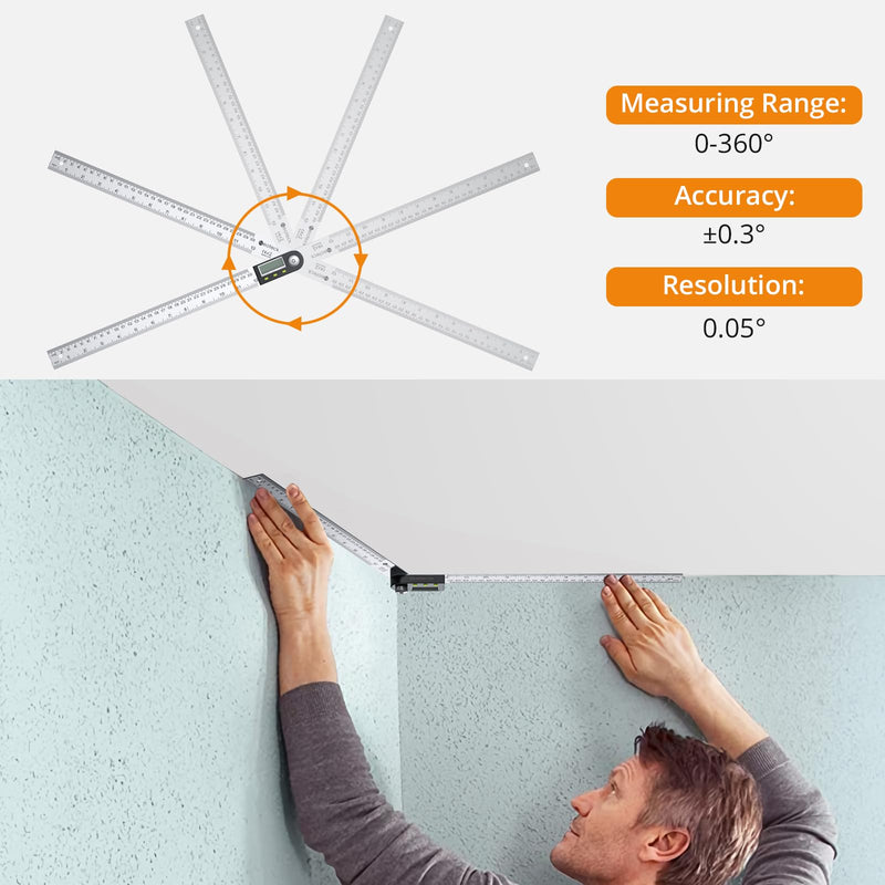 Neoteck 12 inch/30cm Stainless Steel Digital Angle Finder Protractor Ruler with Data Holding Function for Woodworking Construction Repairing