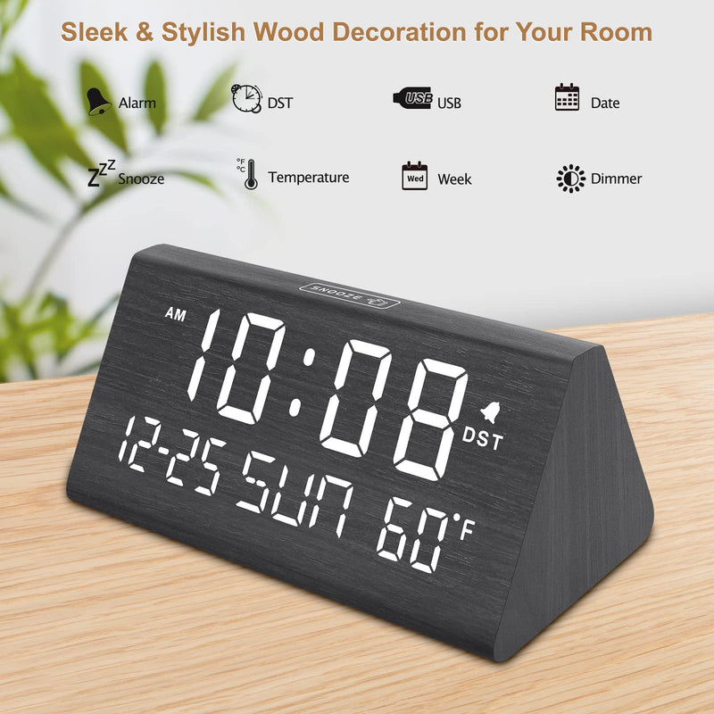 DreamSky Digital Alarm Clocks for Bedrooms - Wooden Desk Clock with Date, Day of Week, USB Port, Temperature, Dimmer for Bedside Table, Living Room, Office, Adjustable Volume, Auto DST, Wood Decor Black - Date & Day