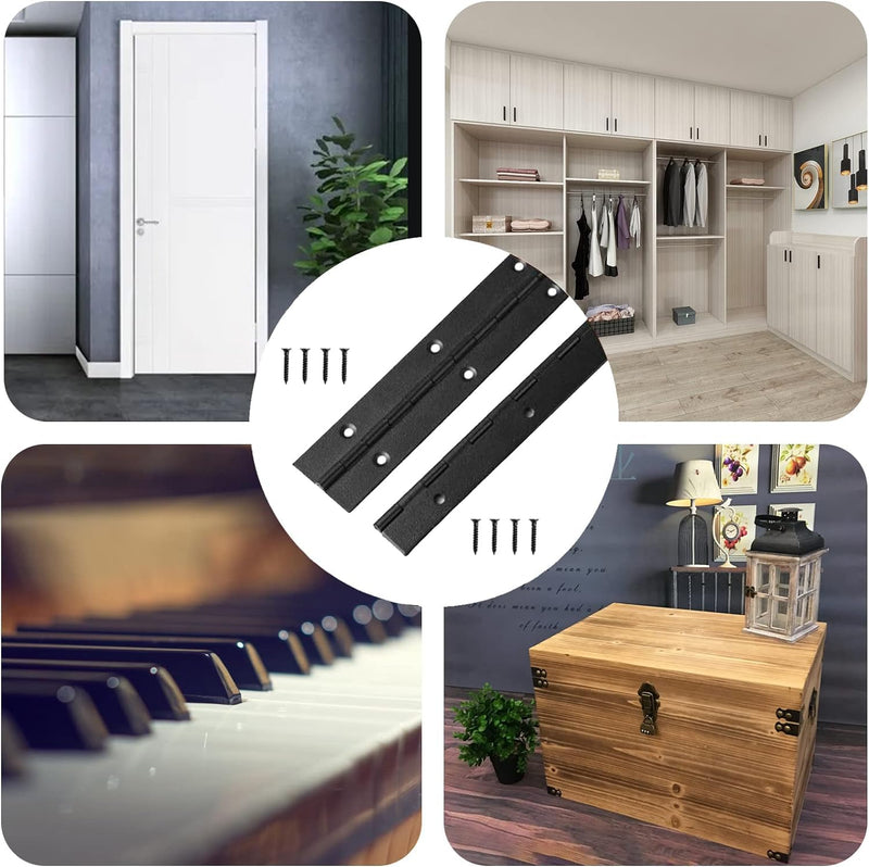 16-Inch Black Continuous & Piano Hinges - 2 PCS Heavy Duty Stainless Steel Butt Hinges with Hole - 0.05" Thickness, 1.2" Open Width - Ideal for Folding Cabinet Doors - Includes 32pcs Screws