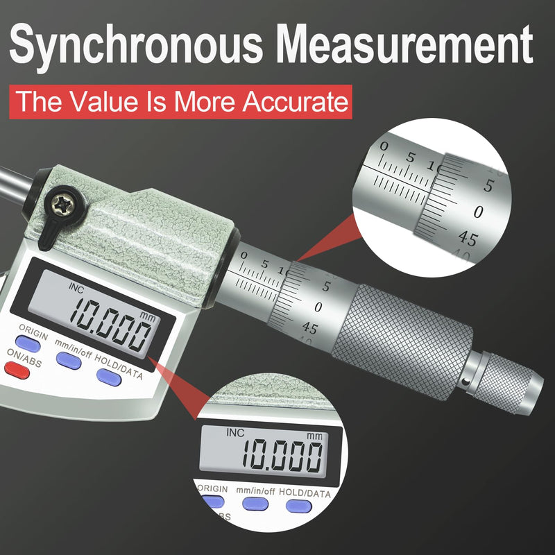 Digital Micrometer Precision Professional 0-1" (0-25mm) Range, 0.00005" (0.001mm) Resolution,Large Screen Digital Micrometer, Meets IP65 Specifications with Standard Ratchet Stop