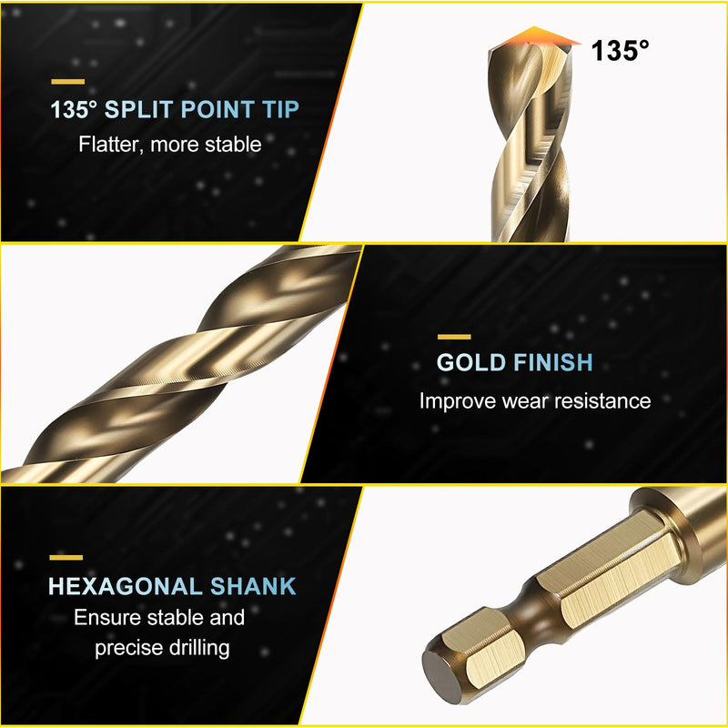 PATIKIL 5/16" Hex Shank Drill Bit, M35 Cobalt 5% High-Speed Steel Bits Quick Change Design for Impact Driver 135° Gold Finish for Stainless Steel Hard Metal - 6 Pack 5/16"