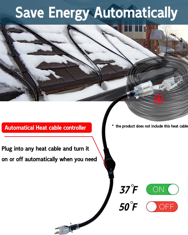 Thermostat Extension Cord – Outdoor Thermostat Plug Heat Tape Thermostat 120V 15A, 37°F On / 50°F Off, Compatible with Roof & Gutter Heat Cables and Pipe Heat Tape