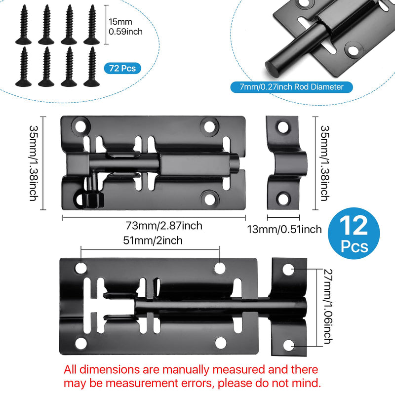 12 Pack Slide Barrel Bolt Latch, 2.87 Inch Solid Stainless Steel Bolt Latch, Small Barrel Bolt Door Latch with Screw, Security Lock Sliding Lock for Door, Easy Installation