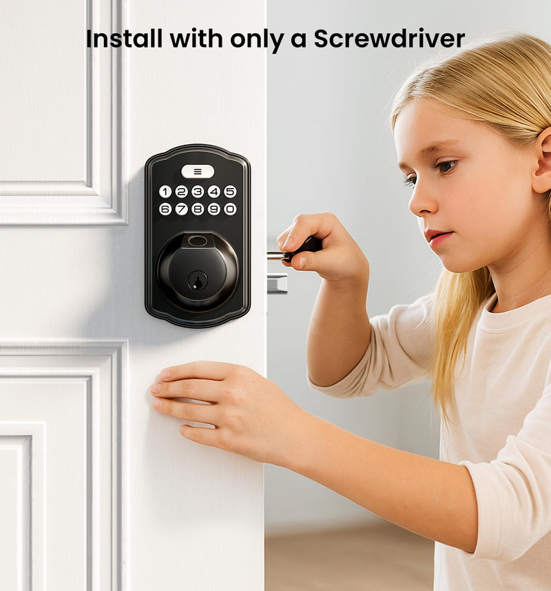 Veise KS02A Fingerprint Keyless Entry Door Lock, Auto Lock, Electronic Keypad Deadbolt for Front Door, Biometric, Anti-Peeping Password, Easy Install, Matte Black Traditional
