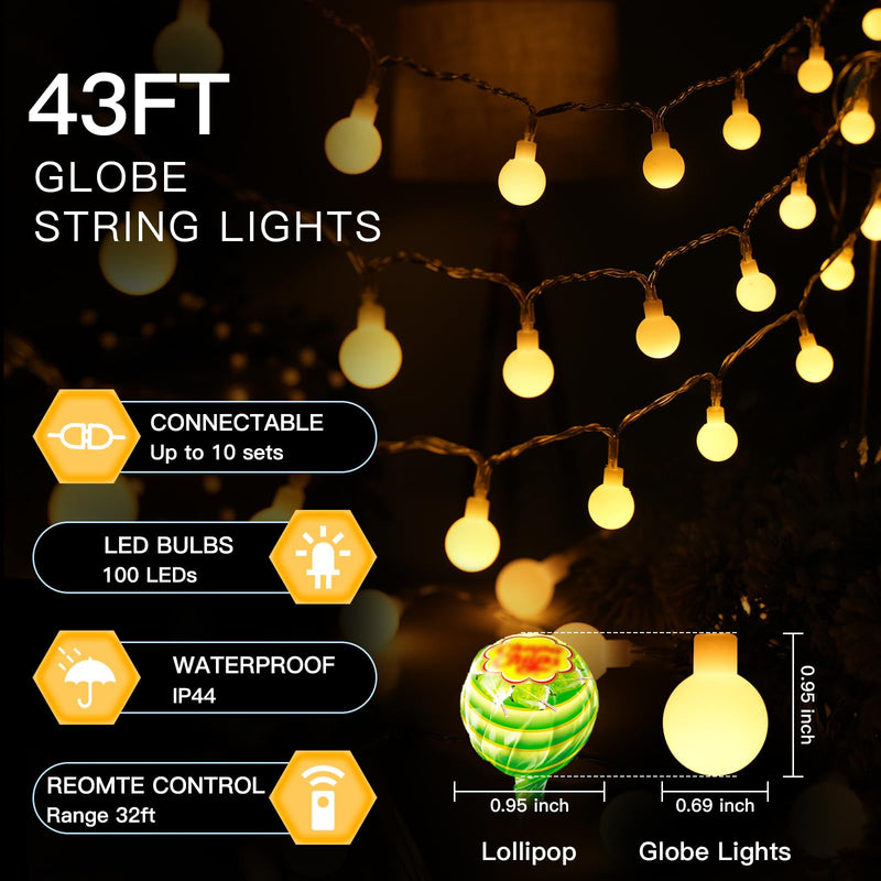 suddus String Lights for Bedroom, 33ft 100 Led Connectable Globe String Lights Indoor, Hanging Fairy Lights Plug in with Remote for Kids Room Dorm Classroom Outdoor Christmas Tree Decor, Warm White 100 LED CONNECTABLE - PLUG
