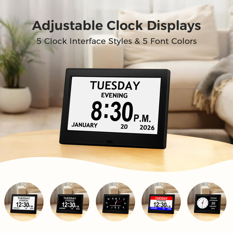 7'' Digital Clock, Dementia Clock With Date And Time, 10 Reminders, 6 Alarms, Auto-Dimming, Auto DST, Remote Control, Large Display Alarm Clock For Seniors, Gifts For People With Dementia, Alzheimers 7" Black