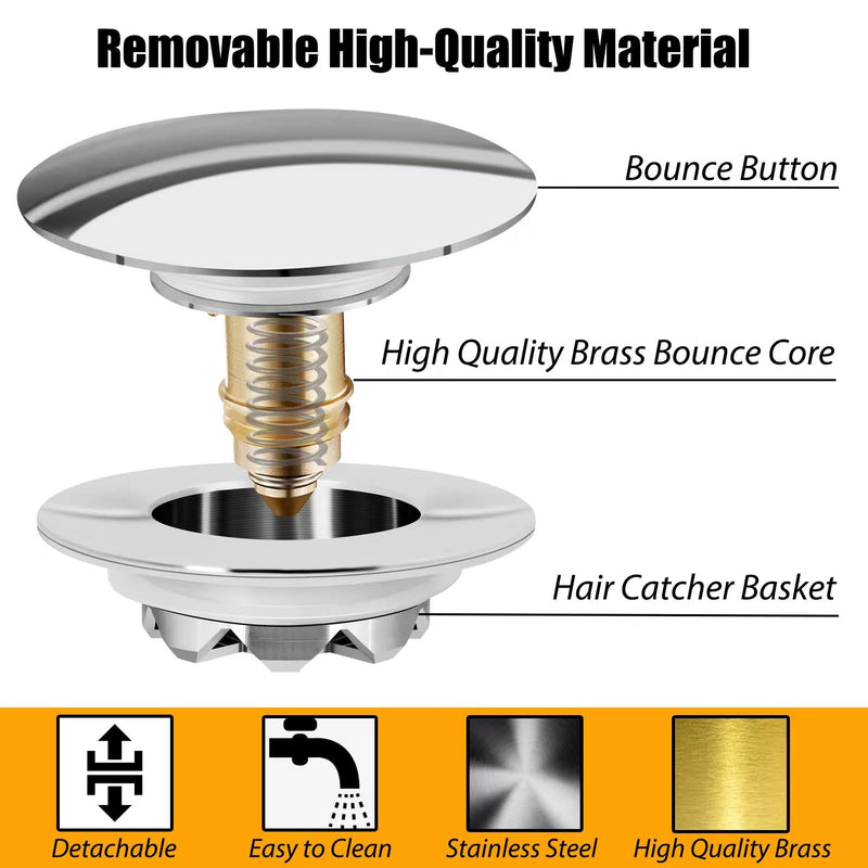 Universal Tub Stopper Bathtub Drain, Pop Up BathTub Drain Plug and Cover, Replaces Bath Tub Lift and Turn, Tip-Toe and Trip Lever, Easy to Install and Clean, All Brass Plating Process Silver Modern Style Tub Stopper