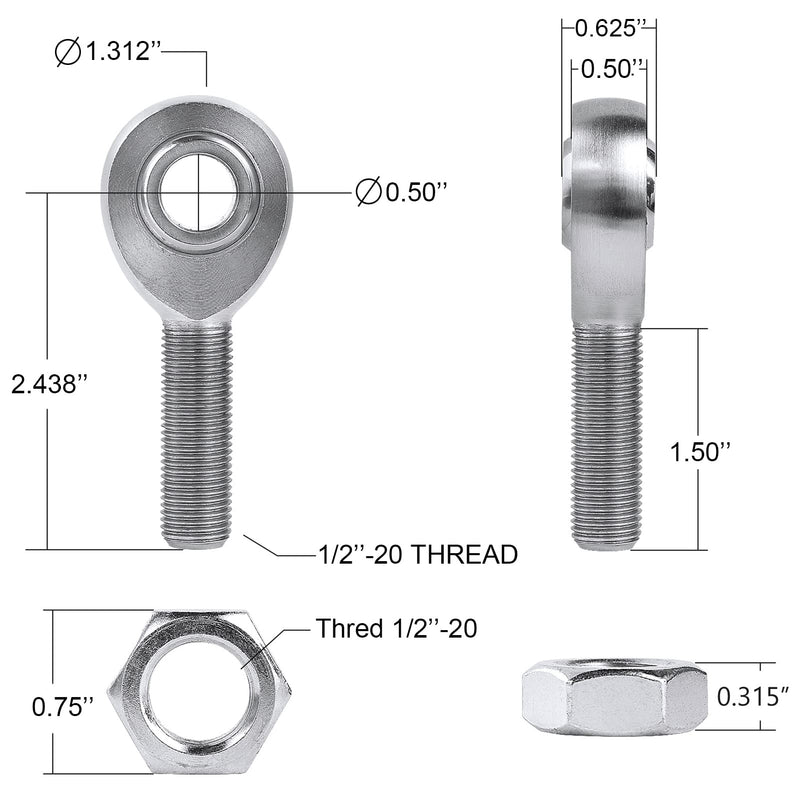1/2" Heim Joint Rod End Kit,.5" Chromoly Heim Joints Panhard Rod End Kit for Steering,Suspension, Traction Bars, Right&Left Hand Thread Steering Joints with Jam Nuts - 1Set 1/2 inch 1 Pair