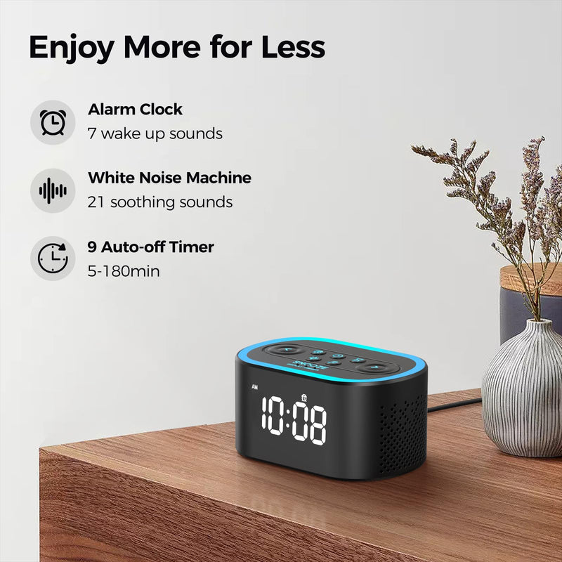 Reacher Digital Alarm Clock & White Noise Sound Machine, 21 Soothing Sounds, 7 Wake Up Sounds, 8 Night Lights, 32-Level Volume, 9 Sleep Timer, Memory Function for Kid, Adult, Bedroom, Nightstand