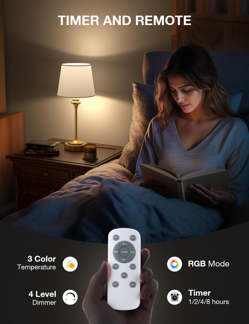 NIORSUN 2 Pack E26 Battery Operated Light Bulb, 300LM 5200mAh 3 Color Temperature and RGB Rechargeable Light Bulbs with Remote, Dimmable & Timer Function for Wall Sconces
