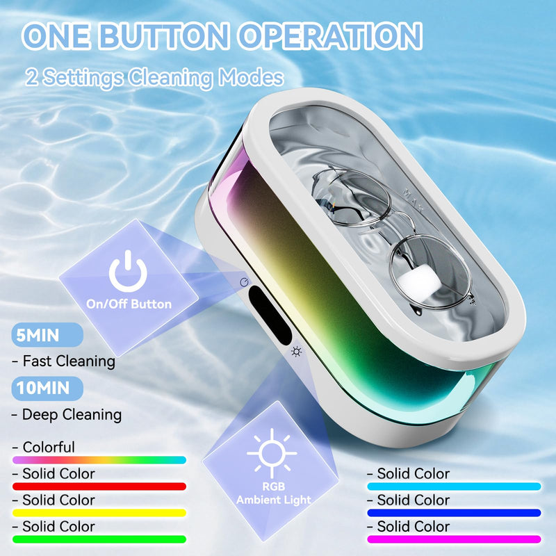 Ultrasonic Jewelry Cleaner with RGB Ambient Light, 48KHz Ultrasonic Cleaner for Jewelry, Glasses, Retainers, Dentures, Rings & Watches, 350ML SUS304 Stainless Steel Cleaning Machine, White