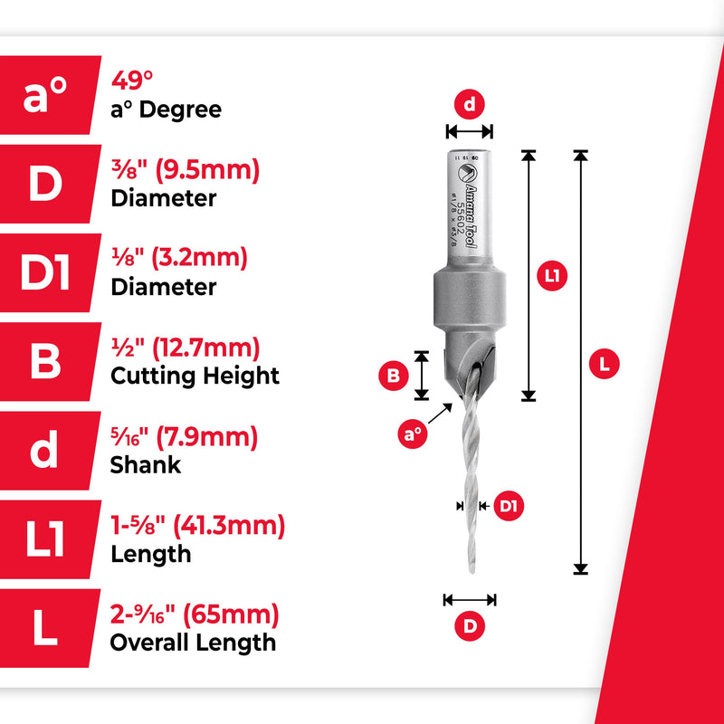 Amana Tool Carbide Tipped 82 Degree Countersink Tapered Drill Bit, 55602, 6 Screw, 3/8 Dia x 1/8 Drill Dia x 5/16 Round Shank