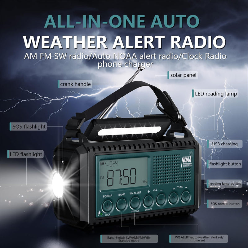 NOAA Emergency Weather Radio with Auto Alerts, 5000mAh Solar Hand Crank AM/FM/SW Shortwave Radio with Flashlight, Reading Lamp, Phone Charger, SOS Alarm, Survival Gear, Time Clock & Large LCD Display Blue LCD 5000mAh