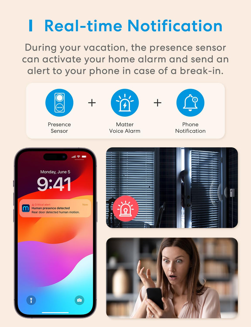 meross Matter Human Presence Sensor, 3-in-1 PIR & Light & mmWave Radar Motion Sensor, AI Motion Detector for Matter Smart Home Automation, Supports HomeKit, Alexa, Google, Home Assistant, 2.4GHz Wi-Fi US