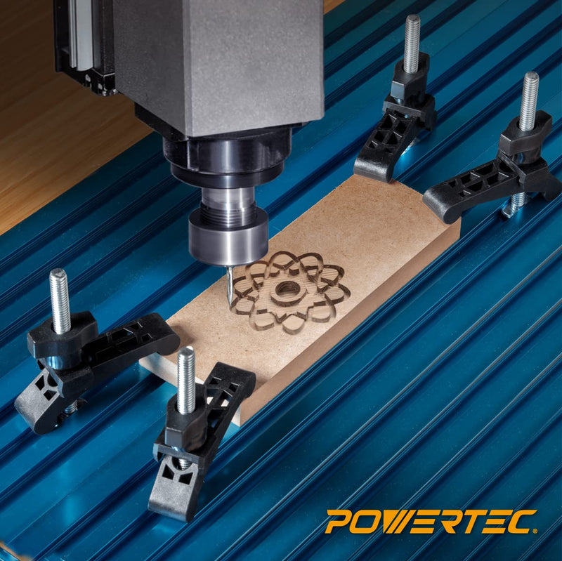 POWERTEC 8PK T-Track Hold Down Clamp with 3-1/2” T Track Bolts for CNC Machine, Table Saw Sled, Drill Press, Work Bench, T Track Accessories for woodworking (71661-P4) 3-3/4” HD Clamp, 8PK