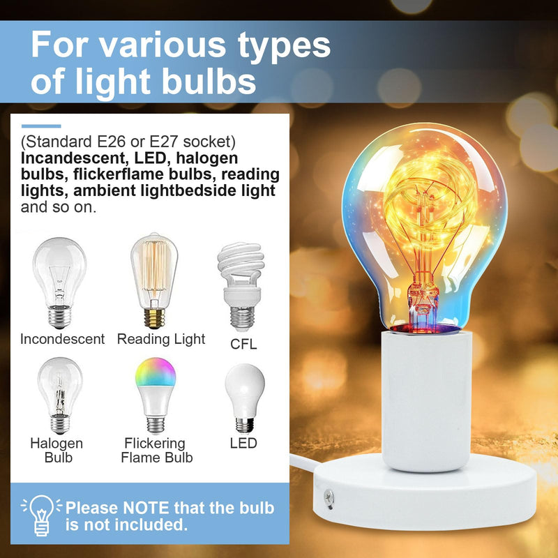 Industrial Table Lamp Base,Small Polished Metal Desktop Lamp Base Only,E26 E27 Screw Light Bulb Holder Base Lamp Replacement Base for Holding Bulb,6 Feet Cord on Off Switch Plug White 1 Pcs
