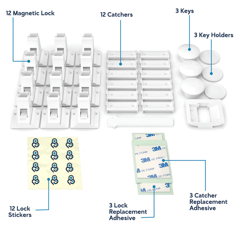12-Pack Magnetic Cabinet Locks, Baby Proofing Child Safety Locks with 3 Keys, No-Drill 3M Adhesive for Cabinets & Drawers 12 Locks + 3 Keys