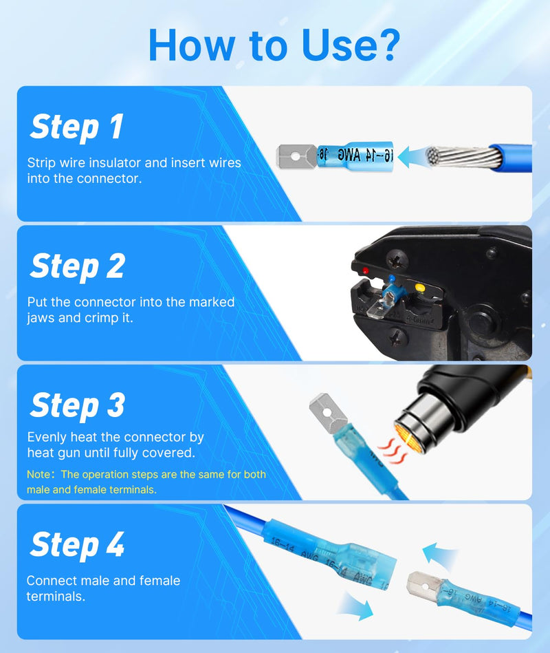 Kuject 130PCS Heat Shrink Wire Connectors, 22-10 AWG Electrical Insulated Male Female Wire Spade Terminals, Quick Disconnect Waterproof Crimp Butt Terminals for Automotive Marine Boat Truck 130