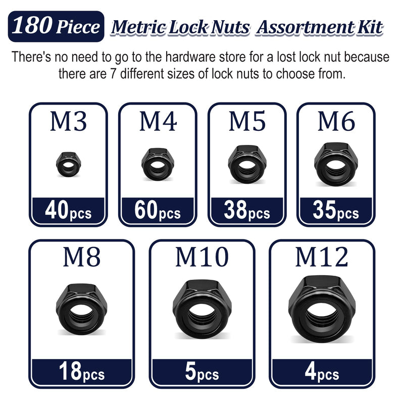 ZQZ 180 Pack Black Locknuts Assortment Kit, M3 M4 M5 M6 M8 M10 M12 Metric Black Nylon Insert Lock Nuts Set, 304 Stainless Steel Standard Threaded Black Nylock Nuts 180 Pack;Metric Locknuts