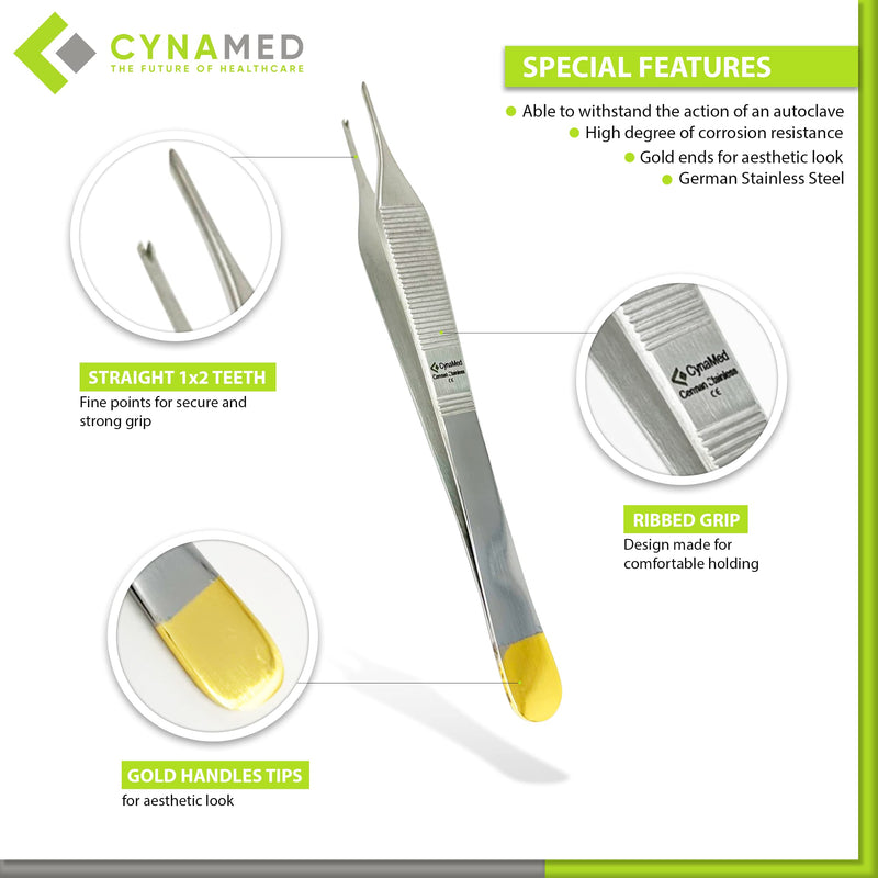 Cynamed Adson Forceps with Gold Handle - 6 in. Straight Fine Point Surgical Veterinary Instruments (1x2 Teeth, Straight) 1x2 Teeth