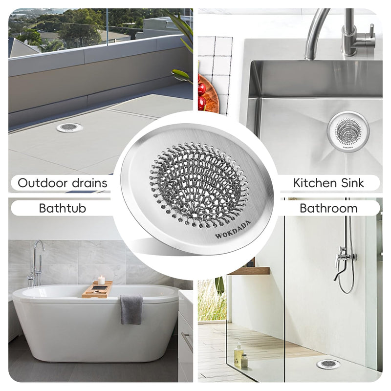 Bathtub Drain Hair Catcher, Wokdada Fast Drainage Shower Drain Hair Catcher, Reversible 304 Stainless Steel Drain Protector for Pop-Up and Regular Drains of Bathroom(Patented Product) Silver-1 Pack
