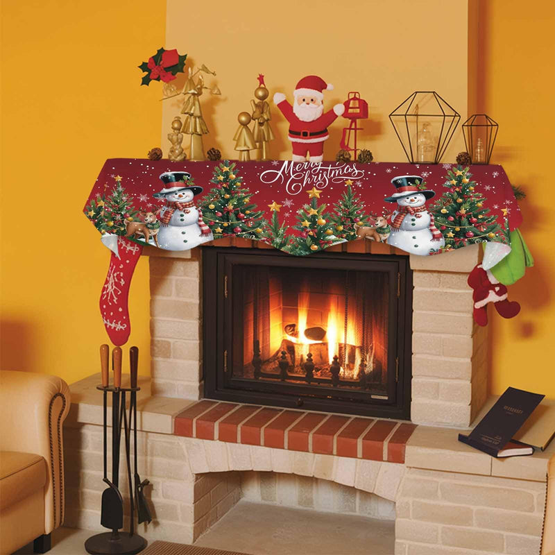 DecorLovee Dark Red Christmas Mantle Scarf 90x17 Inch, Xmas Snowman Fireplace Christmas Decorations Cover Runner, Tree Elk Snowflake Christmas Mantel Decorations Xmas Mantel Scarves 90 x 17 Inches