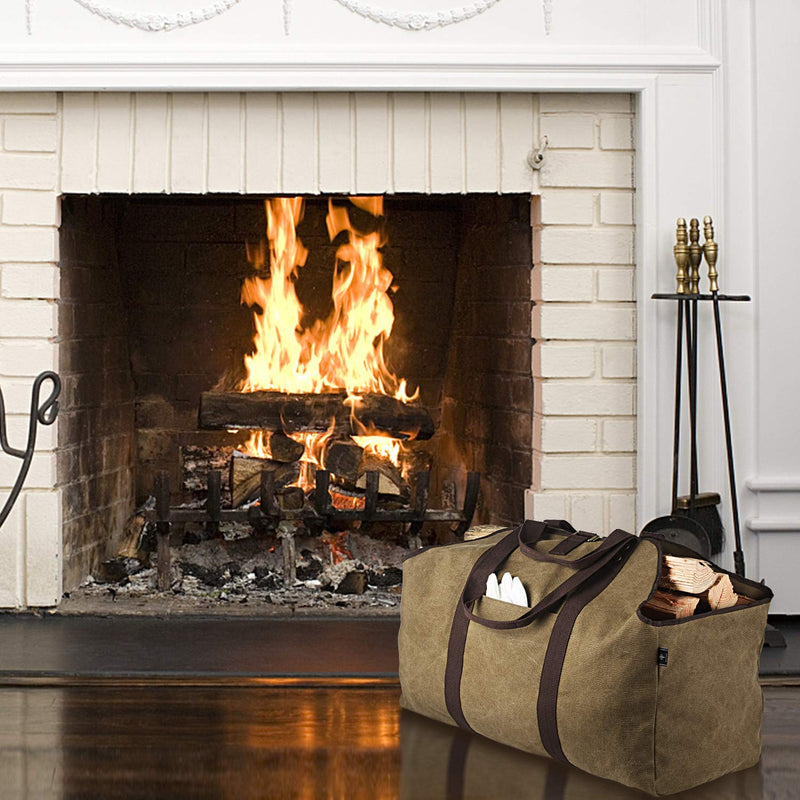 BONTHEE Firewood Carrier Bag Waxed Canvas Waterproof Extra Large Log Carrier Holder Freestanding Tote Bag for Firewood 1_classic_brown