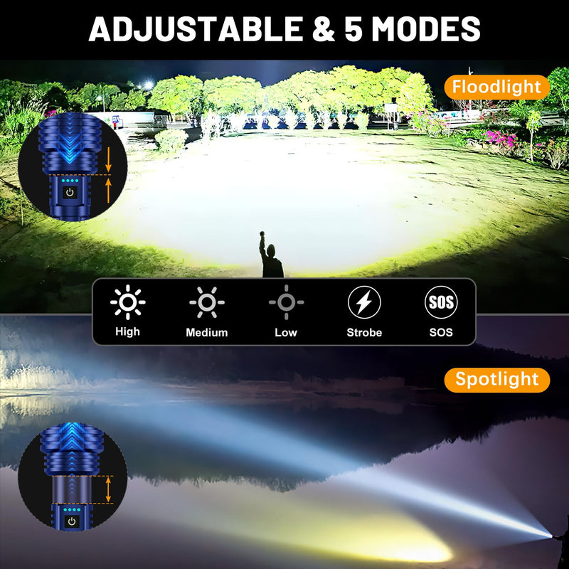Flashlights 5000.000 High Lumens, Super Bright LED Rechargeable Flash light, Long Battery Life, Hoslter, Powerful Waterproof Handheld Flashlights with Zoomable 5 Modes for Emergencies Camping (Blue)