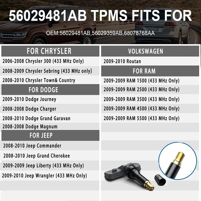 433MHz TPMS Sensor for Chrysler, Dodge Charger Grand Caravan, RAM 1500 2500 3500 4500 5500 2009, for Volkswagen, Pre-Programmed Tire Pressure System Sensors 56029359AB 68078768AA, 4 PCS
