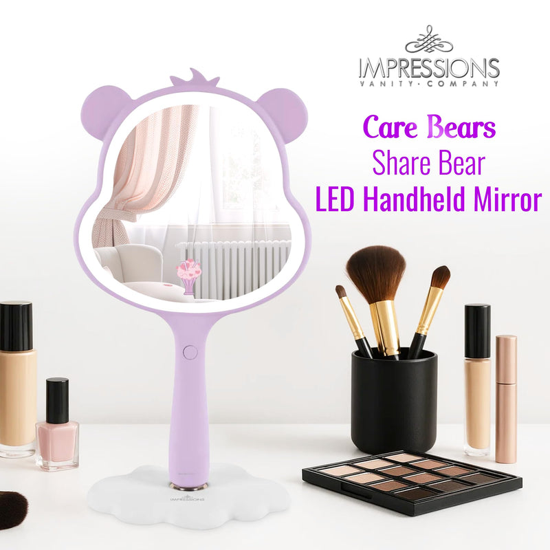 Impressions Vanity Care Bears Share Bear LED Handheld Makeup Mirror for Desk, Lighted Travel Makeup Mirror with Detachable Standing Base, Ultra Bright Adjustable Lighting and Figural Shaped (Purple) Purple