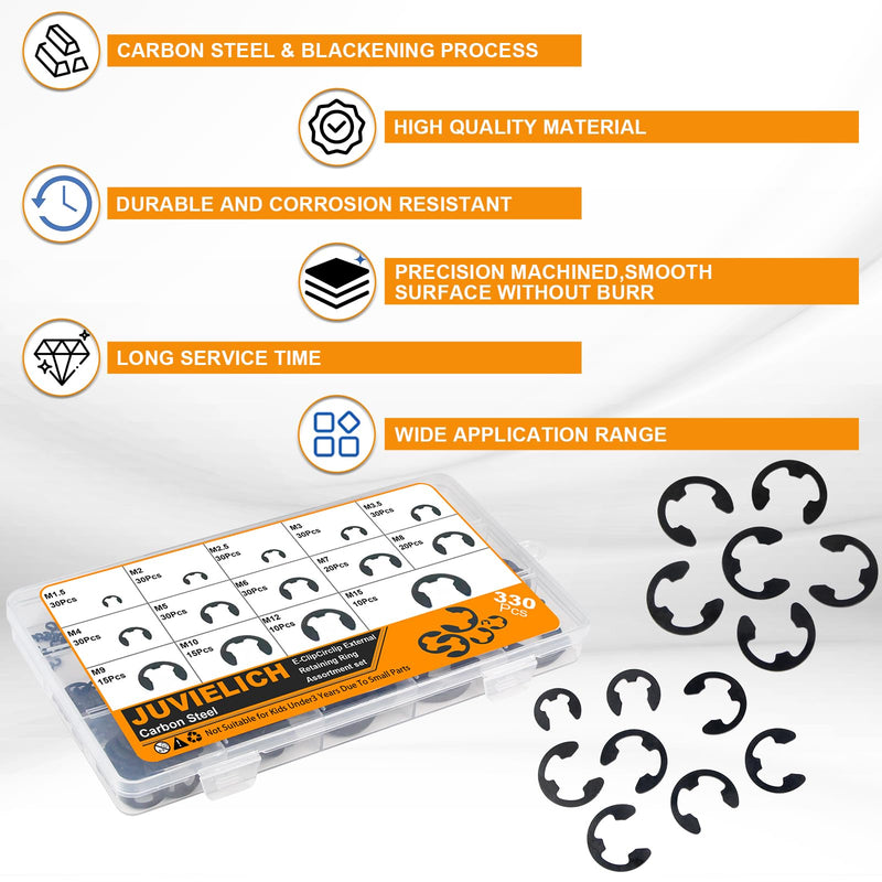 E Clip Circlip Assortment Kit 330PCS 14 Size Carbon Steel External Retaining Rings Washer E-Ring Metric Circlip Rings Kit for Bearings Gears Pulleys and Axles Includes Sizes of M1.5-M15 Black Alloy 330PCS E-Clips