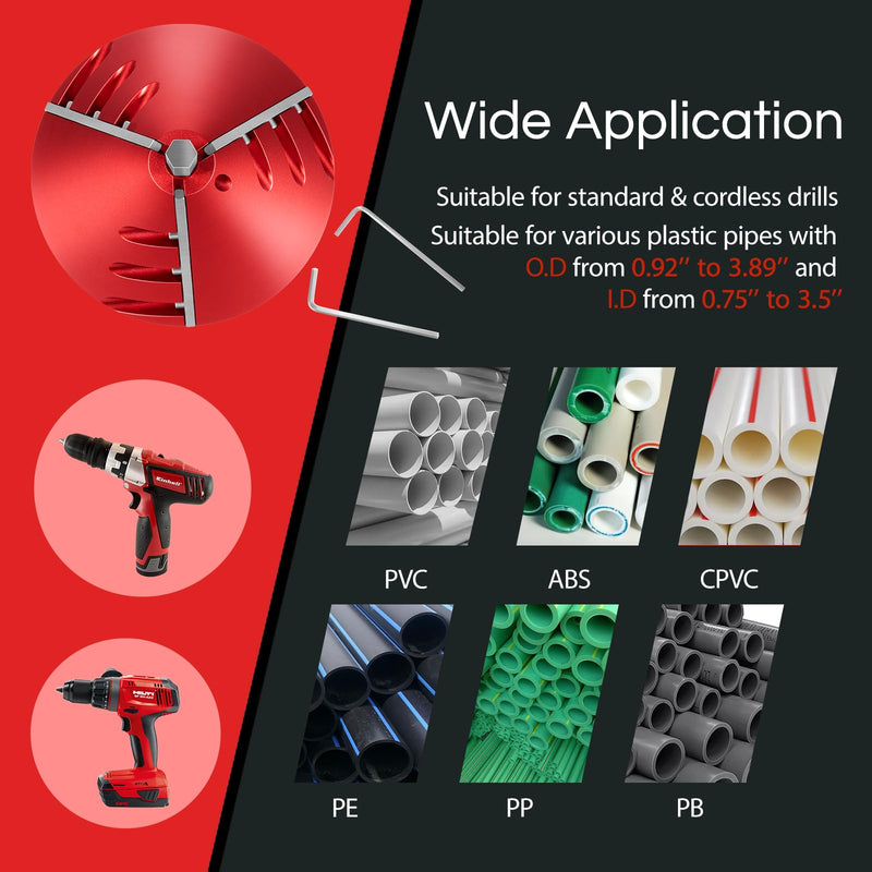 2 in 1 PVC Deburring Tool, Inner-Outer PVC Chamfer Tool, Pipe Deburring Reamer Plumbing Tool for PVC, ABS,CPVC, PP, PE Pipe with OD 0.75" to 3.5", ID 0.92" to 3.89"