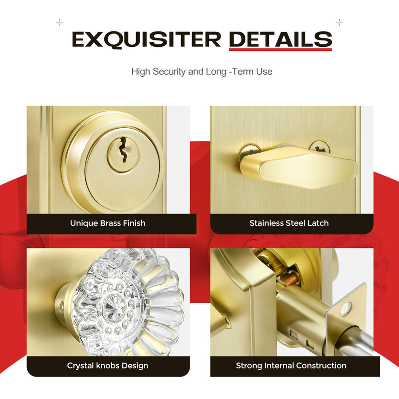 1 Pack Brass Combo Sets, Modern Gold Crystal Door Knobs Interior with Single Cylinder Deadbolt,Satin Brass Finished Deadbolt Set-1pack Satin Brass