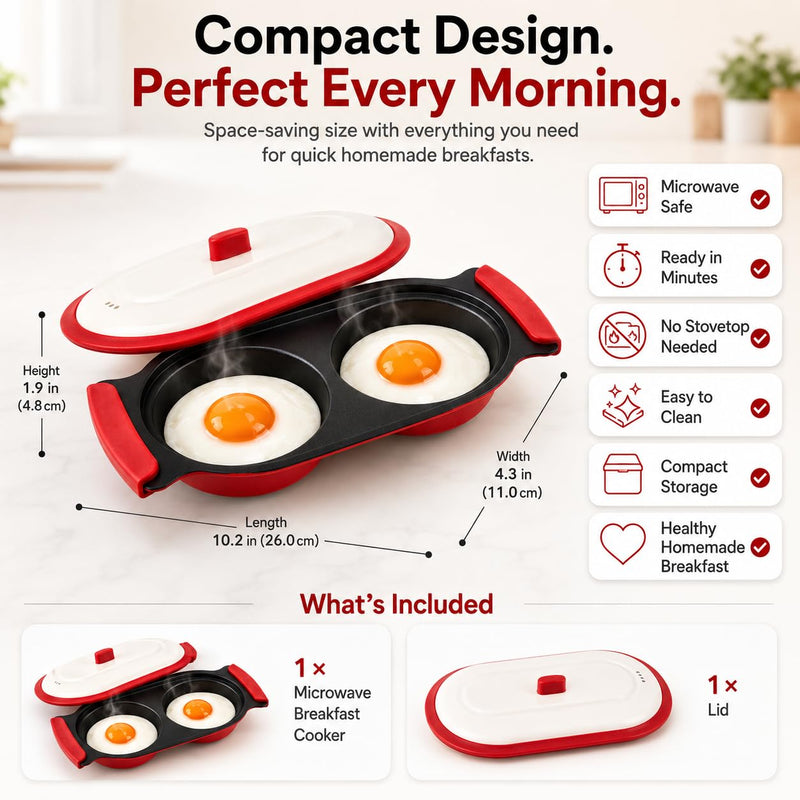 Microwave Egg Cooker & Poacher, 2-Egg Microwave Frying Pan with Vented Lid, PTFE Nonstick Metal Heat Plate, Food-Grade Silicone Handles, Compact Egg Maker for Breakfast Sandwiches, Dorm, RV for 2 eggs