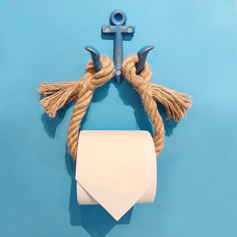 Nautical Toilet Paper Holder, Beach Rope Metal Anchor Hook Bathroom Decor Towel Rack Towel Ring, Wall Mount Coastal Themed Toilet Paper Roll Holder, Nautical Blue