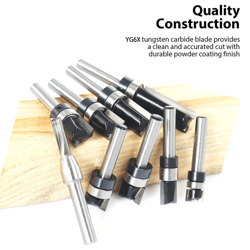 9pcs Pattern Flush Trim Router Bit 1/4 Shank, Carbide Tipped Top Bearing Template Pattern Router Bit, Straight Flush Cut Router Bit, for Wood Trimming 9pcs Pattern Bit 1/4 Shank