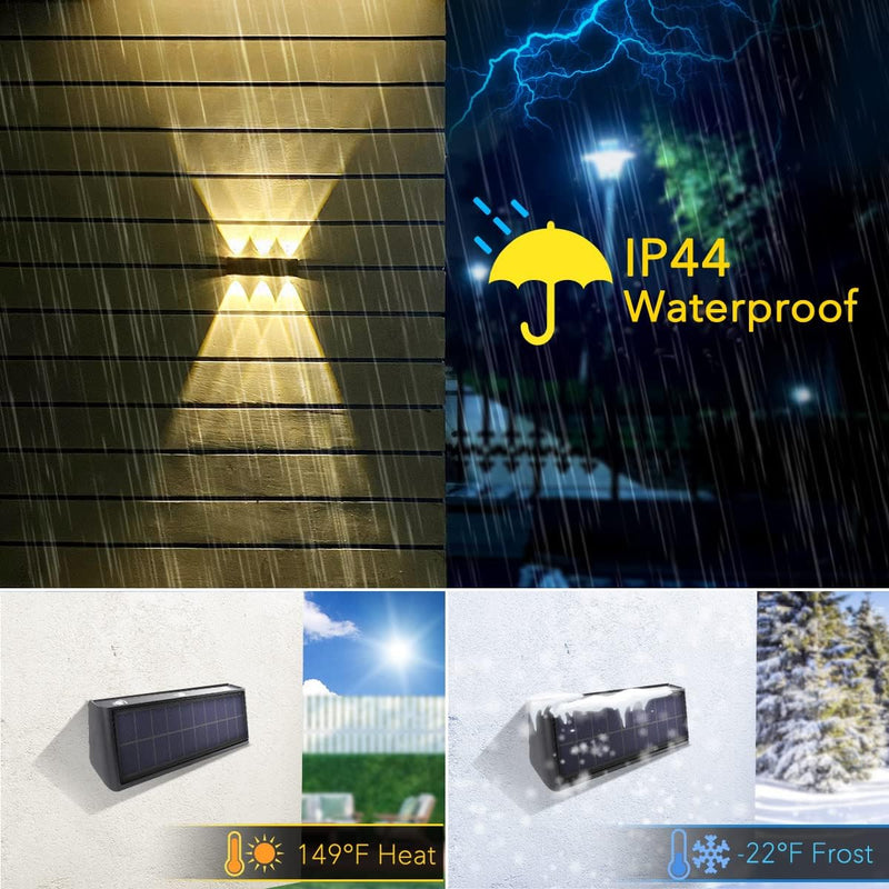 Solar Lights Outdoor 3000K Warm Aluminum Waterproof Dusk to Dawn Lighting Wall Sconce Up Down for Outside, Fence, Walkway, Porch, Deck 2 Pack