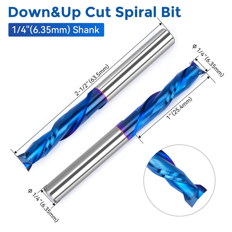 LUNYEE 2 PCS Spiral Router Bits Up Down Compression Bit 1/4 inch Cutting Diameter with Nano Blue Coated, 1/4 inch Shank Solid Carbide CNC End Mill for Wood Carving, Cutting, Engraver Milling Cutters UP&DOWN