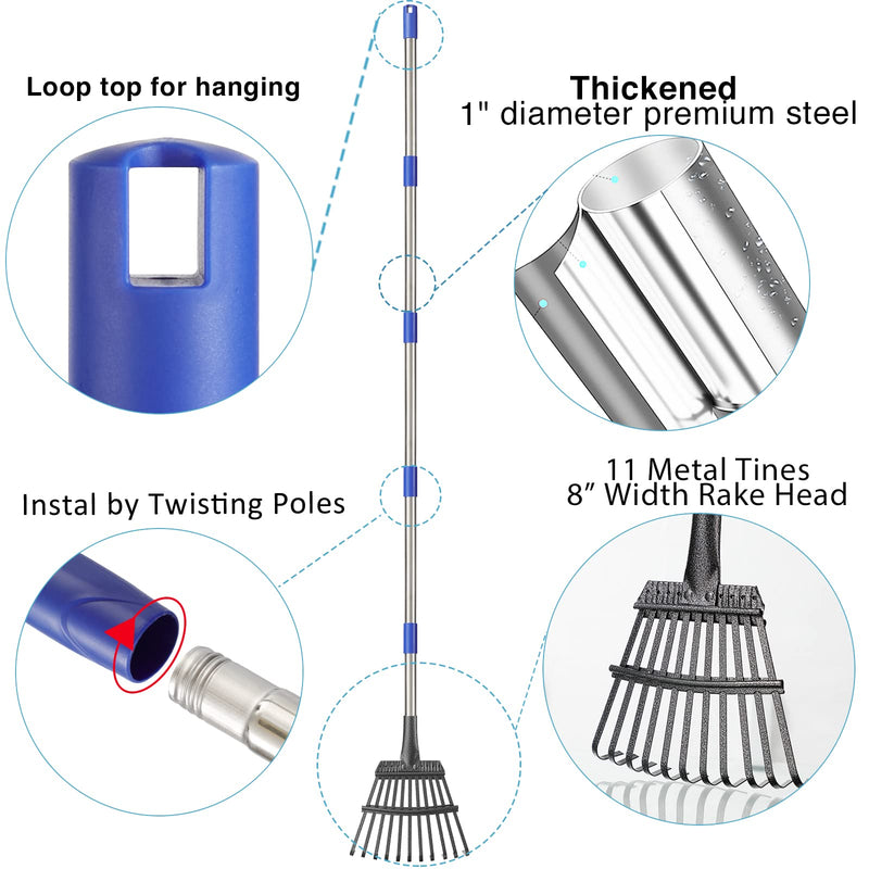 Leaf Rake for Leaves, 8" Wide Heavy Duty Metal Garden Rake 11 Tines, Adjustable Lawn Yard Shrub Kids Rake, 5.2ft
