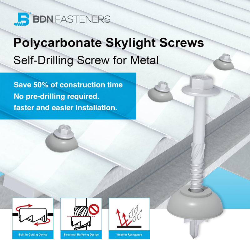 Polycarbonate Skylight Screws #12×2-3/8"(12-14x60mm) , Hex Flange Head, Self-Drilling Screw for Metal, 50pcs