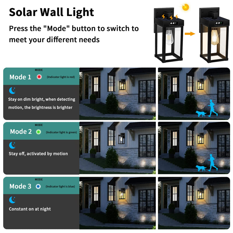 Solar Wall Lights Outdoor, Solar Wall Sconce with 3 Lighting Modes & Motion Sensor, Waterproof Porch Light with Clear Panel for Garage Porch Yard Front Door 5.8 x 5.8 x 13.58 in Black-1Pack