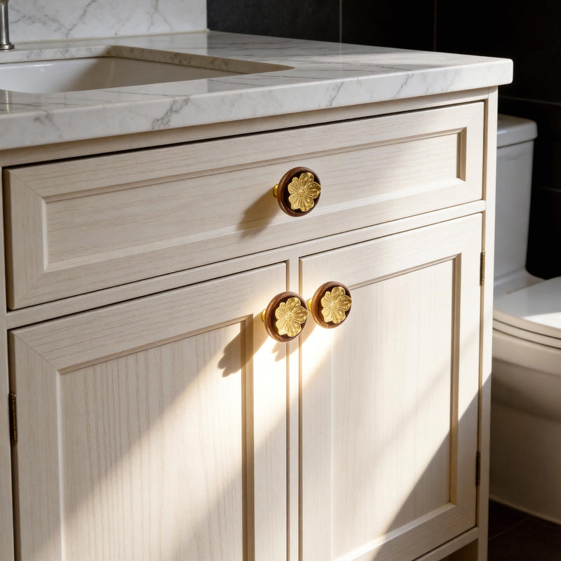 Solid Brass Gold Cabinet Knobs, 2 Inch Oversized Flower Drawer Pulls with Wood Base,4-Pack Modern Dresser Handles for Bathroom Vanity, Kitchen ,Cupboard and Furniture Hardware, Brushed Brass Finish