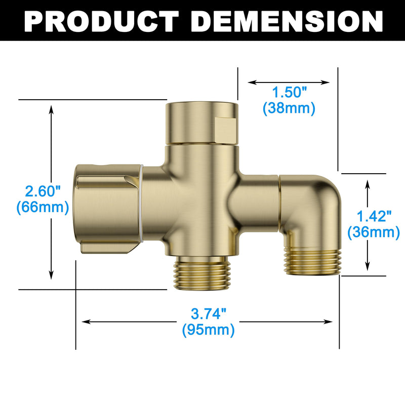 Solid Brass 3-Way Shower Arm Diverter Valve for Handheld Shower Head and Fixed Spray Head, G1/2 Universal Bathroom System Component Replacement Part (Brushed Gold) Brushed Gold