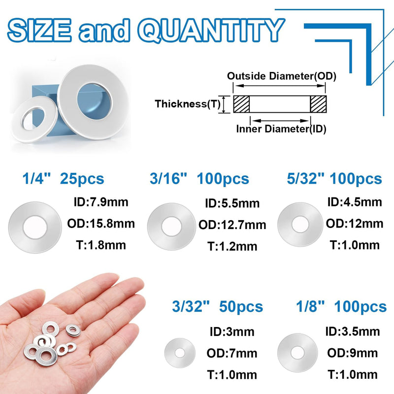 375Pcs Silver Pop Rivet washers Assortment kit for Pop Rivets Diameter 3/32inch,1/8inch,5/32inch,3/16inch, 1/4inch 304 Stainless Steel pop Rivet Washer Aluminum pop Rivet washers 3/32inch+1/8inch+5/32inch+3/16inch+1/4inch