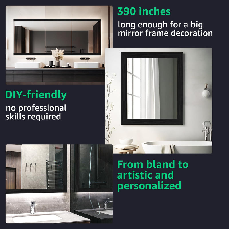 LONGKING Premium 10M Black Wood Grain Peel and Stick Mirror Border Wall Decal: Waterproof PVC Wallpaper Sticker for Kitchen & Bathroom, 393x4.2 in 4.2" x 393"