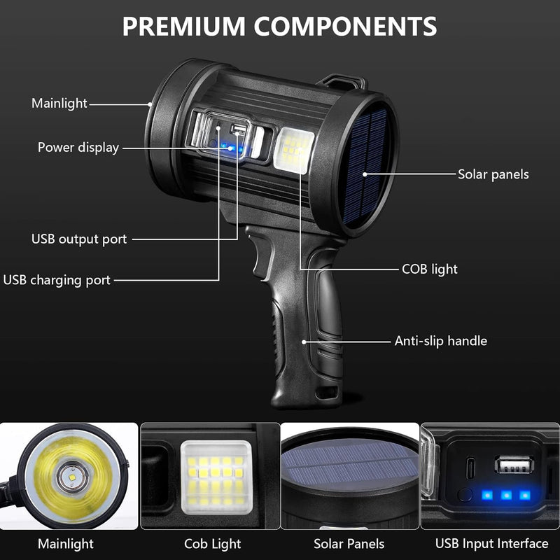MIXILIN Rechargeable Spotlight, 99,000 Lumens Handheld Hunting Flashlight Led Spot Light with Cob Light and Solar Panels, Lightweight and Super Bright Spotlight for Hunting Boating Camping