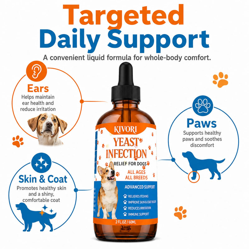 Kivori Yeast Infection Drops for Dogs, 2fl.Oz/60ml Yeast Infection Treatment for Dogs, Anti Yeast Drops, Ear and Paw Itch, Herbal Dog Supplement Drop for All Ages All Breeds. (3PCS) 3PCS